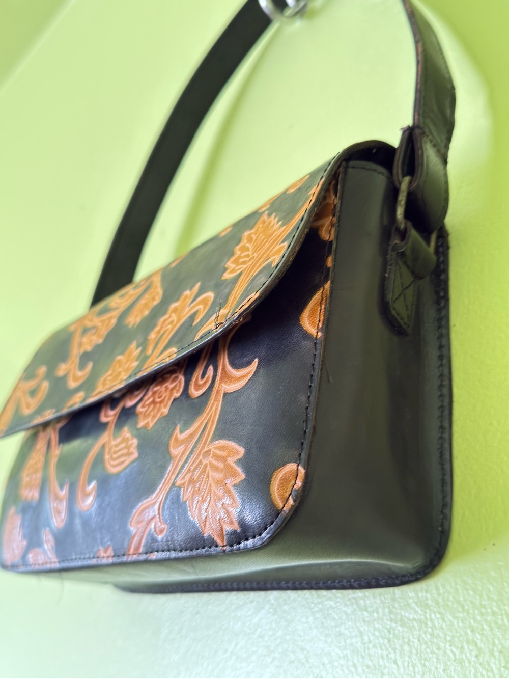 Black and Orange Floral Leather Shoulder Bag